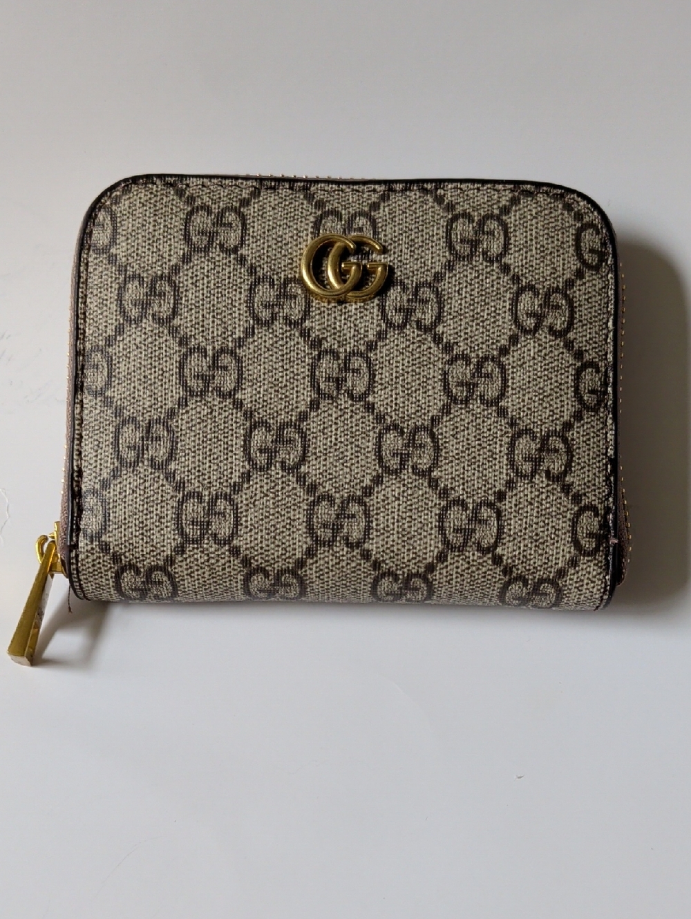 Fashion Beige/Brown GG Monogram Zip-Around Wallet with Gold GG NWT